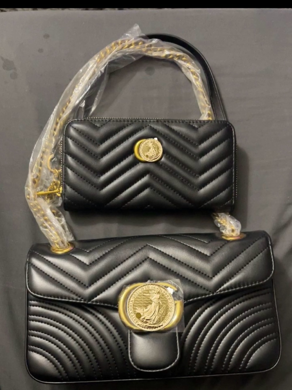 Real Leather Black Quilted Chain Shoulder Bag with Gold hardware- Women's